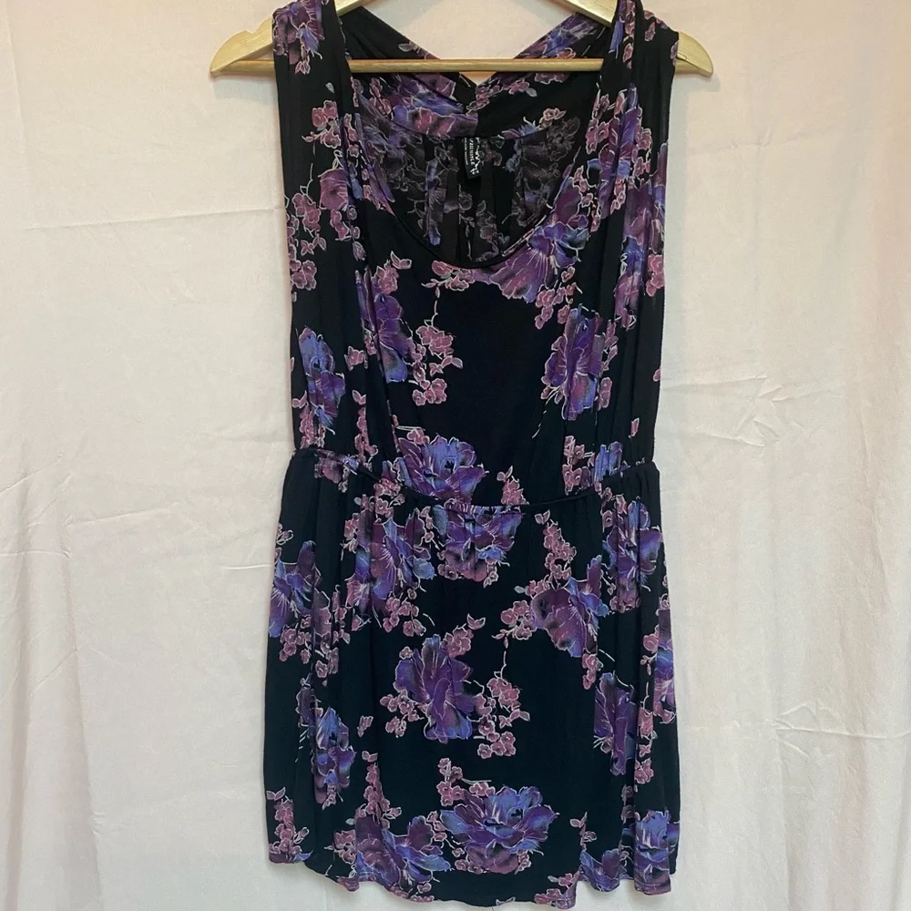Free People Black and Purple Floral Tunic Size Medium Whimsigoth Garden Fairy